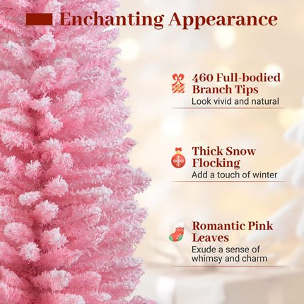 Sapin de Noël rose floqué de 1,80 m, 460 branches, support en métal