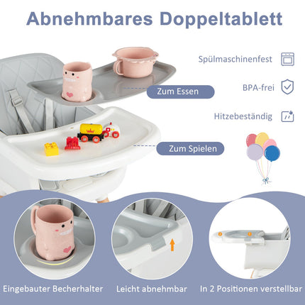 Chaise haute bébé convertible 6 en 1, pieds réglables, grise
