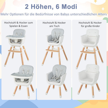 Chaise haute bébé convertible 6 en 1, pieds réglables, grise