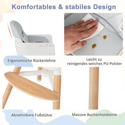 Chaise haute bébé convertible 6 en 1, pieds réglables, grise