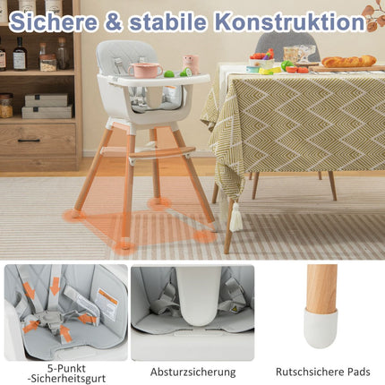 Chaise haute bébé convertible 6 en 1, pieds réglables, grise