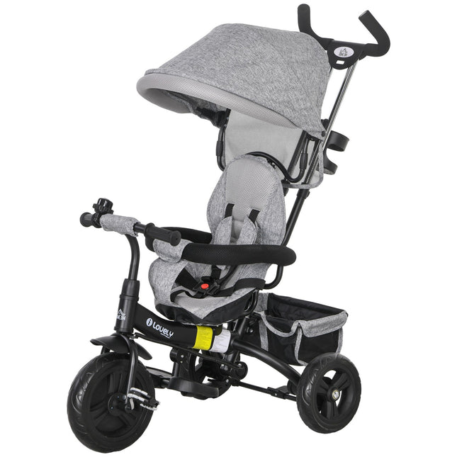 6-in-1-Dreirad für Kinder, Sonnenschutz und Sicherheitsgurt, Grau
