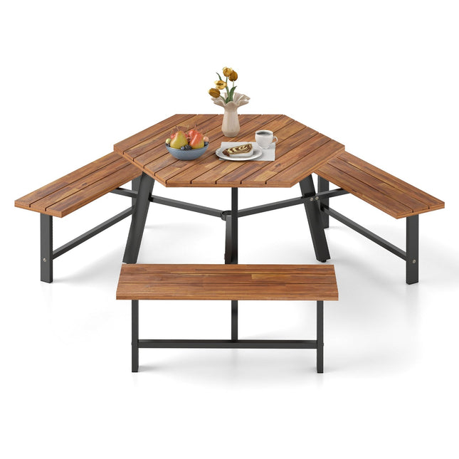 Picknicktisch-Set aus Akazienholz für 6 Personen mit Schirmloch