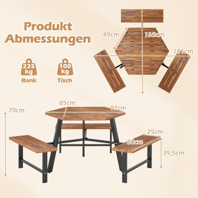 Picknicktisch-Set aus Akazienholz für 6 Personen mit Schirmloch