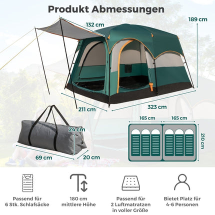 6-Personen-Zelt mit 2 Räumen, Regenschutz, Netzfenstern