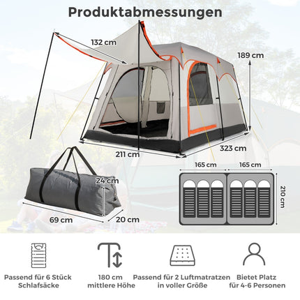 6-Personen-Zelt mit Raumteiler und Regenschutz