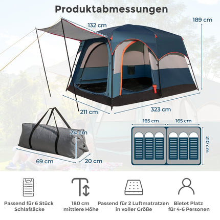 Tente de camping 6 personnes avec séparateur et double toit, bleue