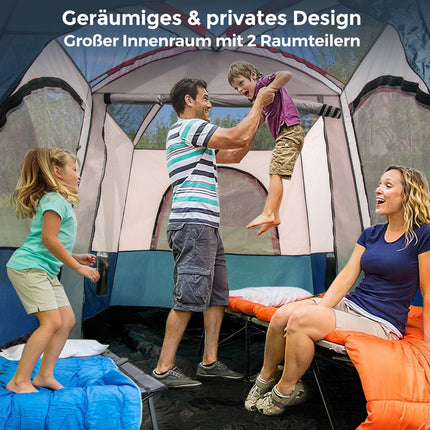 Tente de camping 6 personnes avec séparateur et double toit, bleue