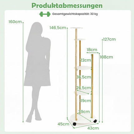 Support à plantes à 6 niveaux avec éclairage LED et roulettes, blanc/doré