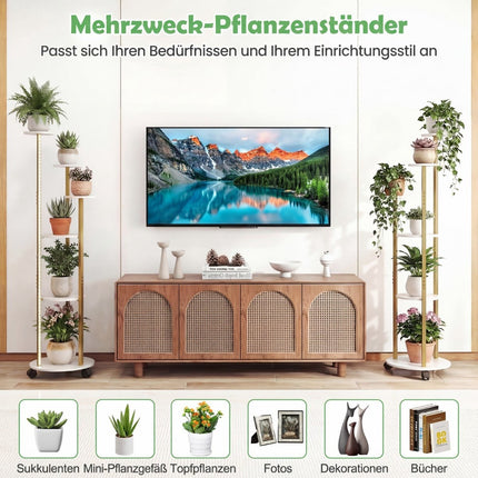 Support à plantes à 6 niveaux avec éclairage LED et roulettes, blanc/doré