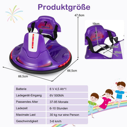 6V Kinder Autoscooter 360 Grad Drehung mit Musik &amp; bunten LED-Lichtern Lila