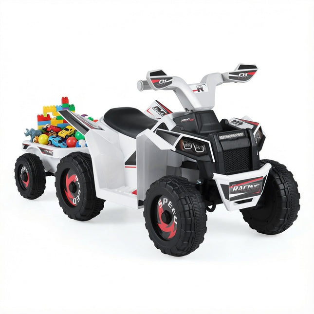 Quad électrique 6V pour enfants avec remorque, roues robustes, blanc