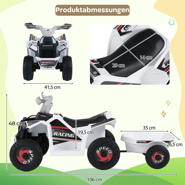 Quad électrique 6V pour enfants avec remorque, roues robustes, blanc