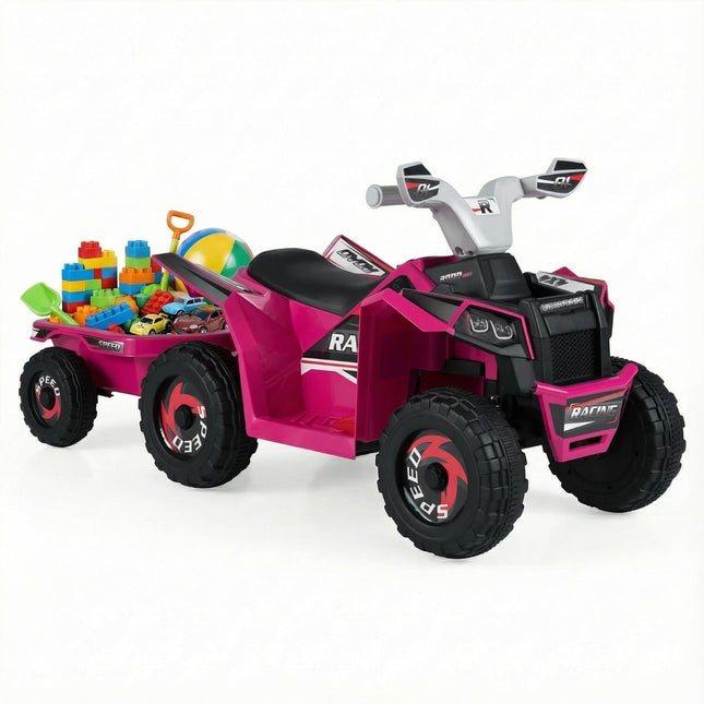 Quad électrique 6V pour enfants avec remorque, rose, à partir de 3 ans