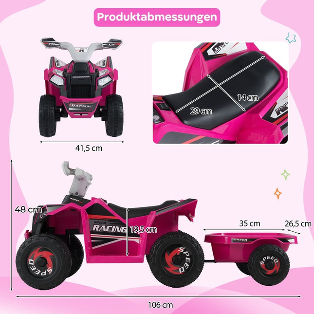 Quad électrique 6V pour enfants avec remorque, rose, à partir de 3 ans