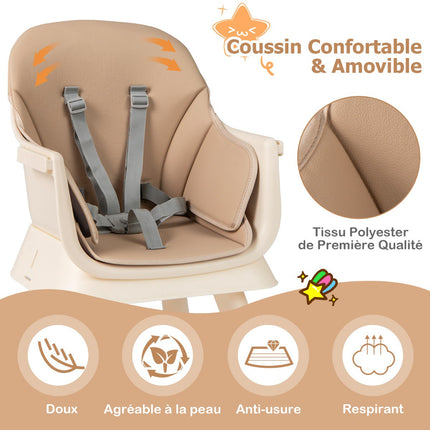 Chaise haute bébé convertible 6 en 1, tablette, harnais 5 points, marron
