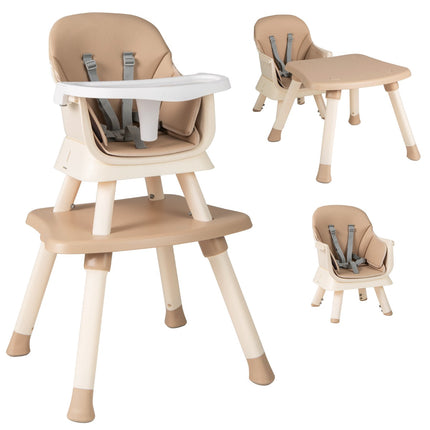Chaise haute bébé convertible 6 en 1, tablette, harnais 5 points, marron