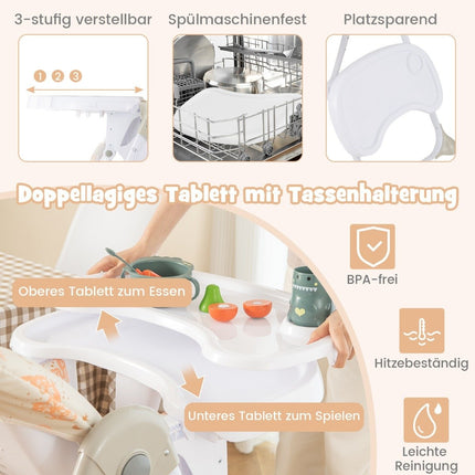 Chaise haute convertible 6 en 1 pour bébé avec fonctions d'inclinaison et fonction d'inclinaison. Chaise Haute Pliante Double Plateau Beige