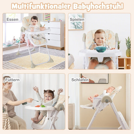Chaise haute convertible 6 en 1 pour bébé avec fonctions d'inclinaison et fonction d'inclinaison. Chaise Haute Pliante Double Plateau Beige