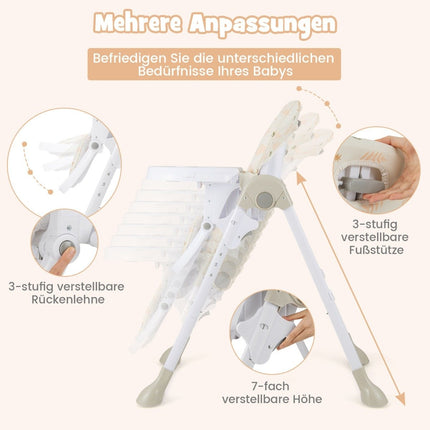 Chaise haute convertible 6 en 1 pour bébé avec fonctions d'inclinaison et fonction d'inclinaison. Chaise Haute Pliante Double Plateau Beige