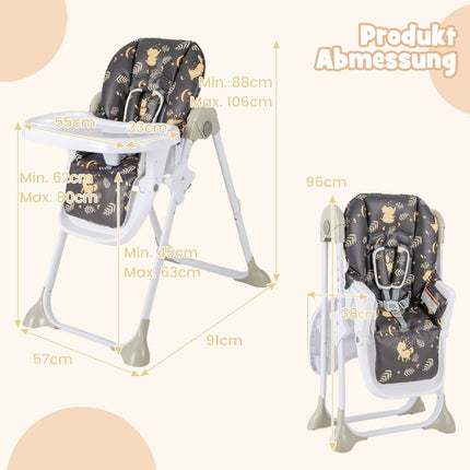 Chaise haute convertible 6 en 1 pour bébé avec fonctions d'inclinaison et fonction d'inclinaison. Chaise haute pliante double plateau marron