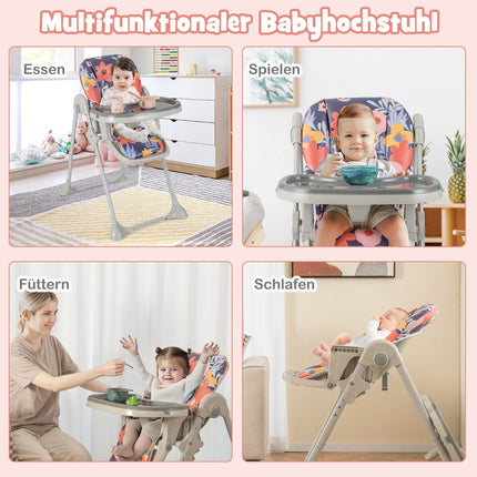 6 in 1 umbaubarer Babyhochstuhl mit Liegefunktion &amp; Doppeltablett Klapphochstuhl Blumen