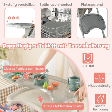 6 in 1 umbaubarer Babyhochstuhl mit Liegefunktion &amp; Doppeltablett Klapphochstuhl Blumen