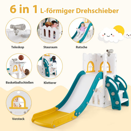 6-in-1 Kleinkinderrutsche mit Basketballkorb & Teleskop