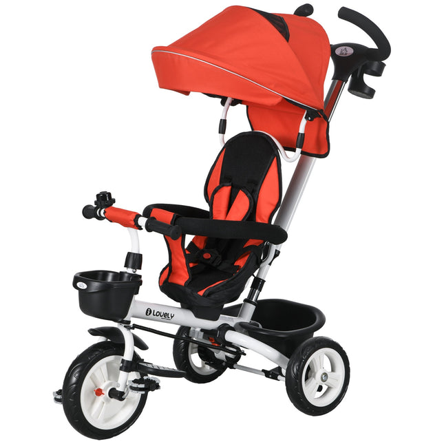 Tricycle enfant 6 en 1 avec barre de poussée, auvent, ceinture, panier de rangement, 18+ mois, rouge