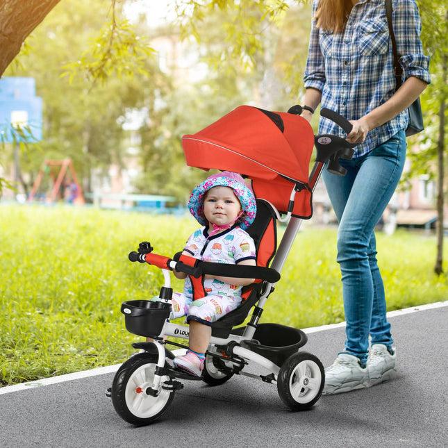 Tricycle enfant 6 en 1 avec barre de poussée, auvent, ceinture, panier de rangement, 18+ mois, rouge
