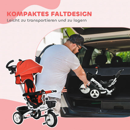 Tricycle enfant 6 en 1 avec barre de poussée, auvent, ceinture, panier de rangement, 18+ mois, rouge