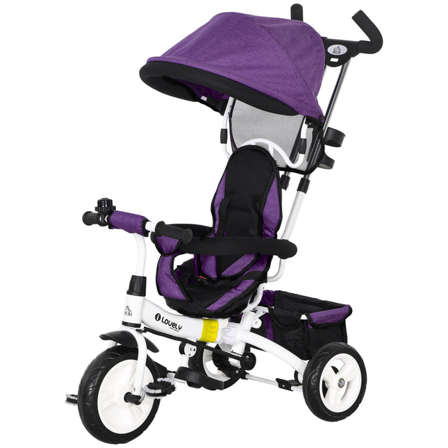 Tricycle enfant 6 en 1 avec barre de poussée, toit, ceinture, panier de rangement, pour 1 à 5 ans, bleu