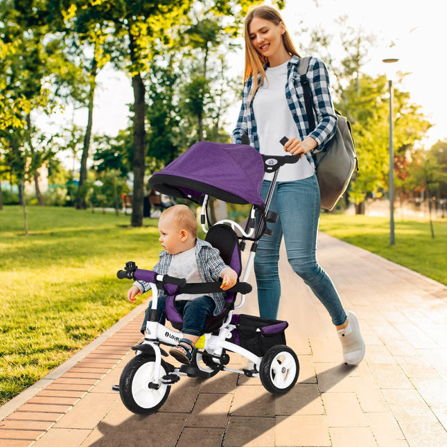 Tricycle enfant 6 en 1 avec barre de poussée, toit, ceinture, panier de rangement, pour 1 à 5 ans, bleu
