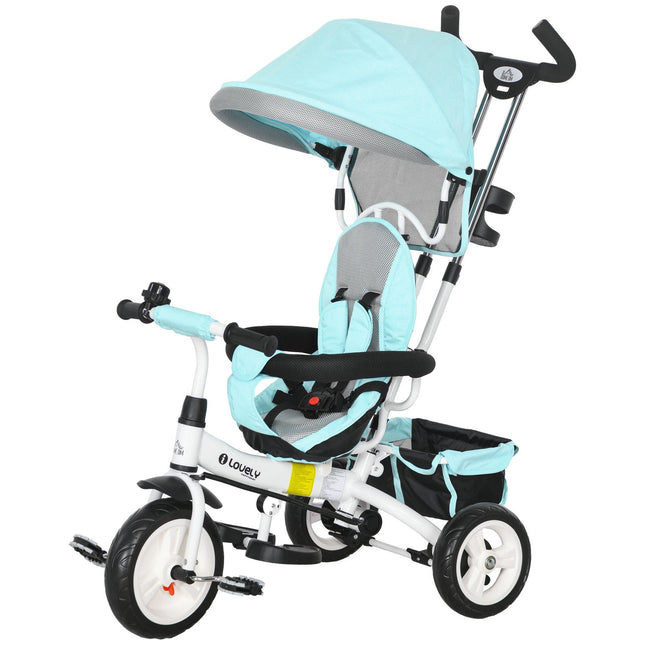 Tricycle enfant 6 en 1 avec barre de poussée, toit, ceinture, panier de rangement, pour 1 à 5 ans, vert