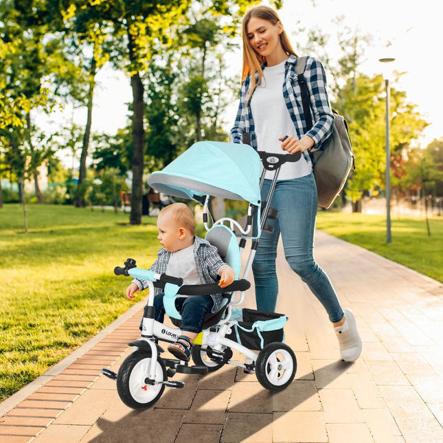 Tricycle enfant 6 en 1 avec barre de poussée, toit, ceinture, panier de rangement, pour 1 à 5 ans, vert