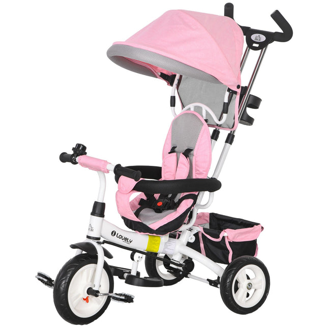 Tricycle enfant 6 en 1 avec barre de poussée, toit, ceinture, panier de rangement, pour 1 à 5 ans, rose