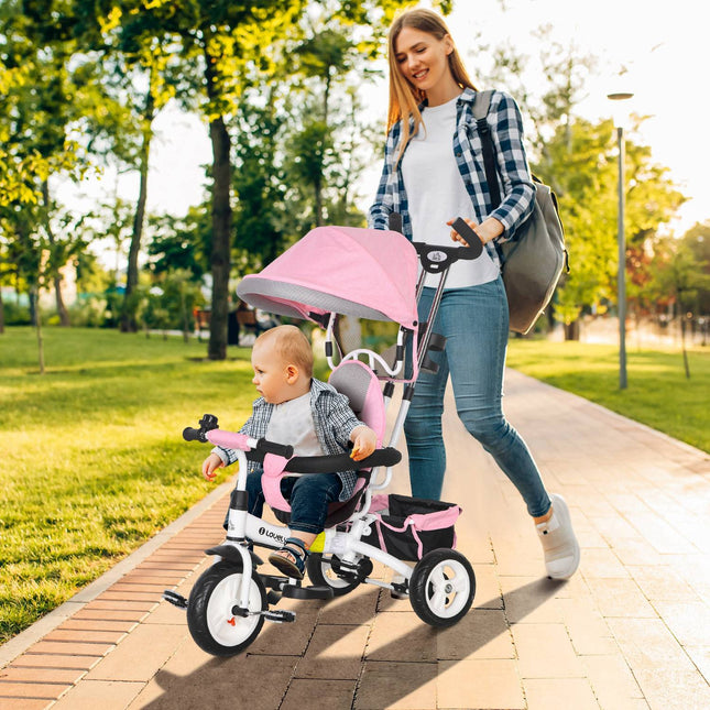 Tricycle enfant 6 en 1 avec barre de poussée, toit, ceinture, panier de rangement, pour 1 à 5 ans, rose