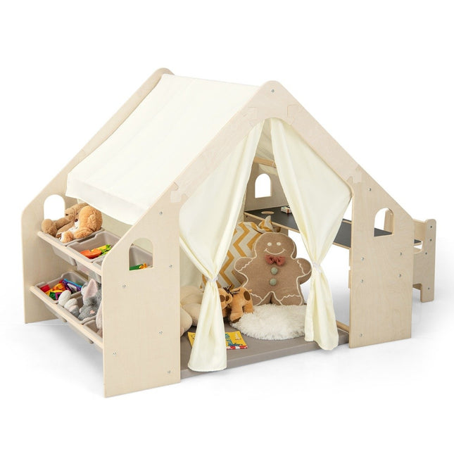 Tente en bois 6 en 1 pour enfants avec table, chaise, tapis et tableau noir pour enfants 145 x 98 x 113 cm