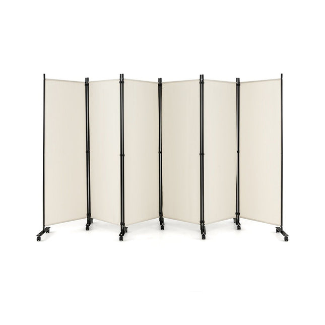 6-teiliger faltbarer Raumteiler 172 cm hoch Sichtschutz mit feststellbaren Rollen beige