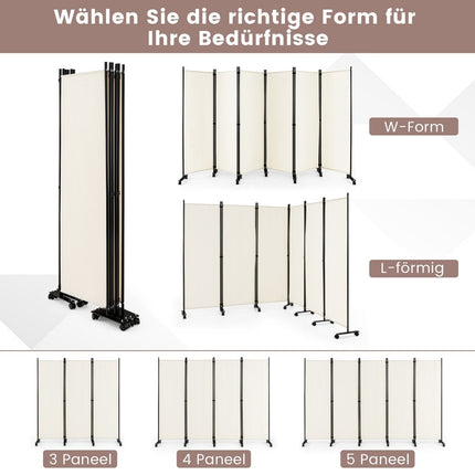 Paravent pliable en 6 parties brise-vue hauteur 172 cm avec roulettes verrouillables beige