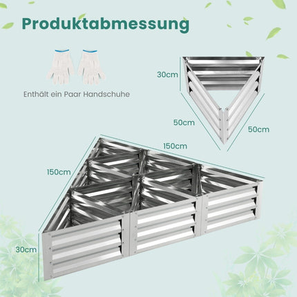 6-teiliges Metall-Pflanzkasten-Set für Gemüse Dreieck-Hochbeet 150 x 150 x 30 cm Silber
