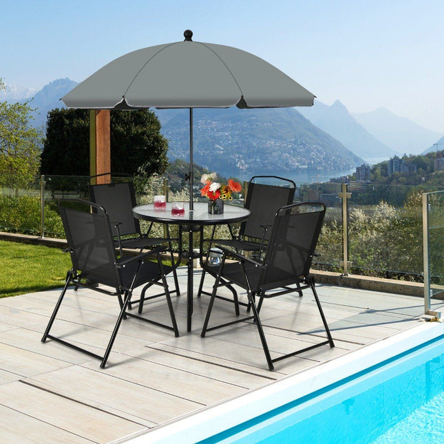 Ensemble de meubles de patio 6 pièces avec table basse, 4 chaises pliantes et parasol