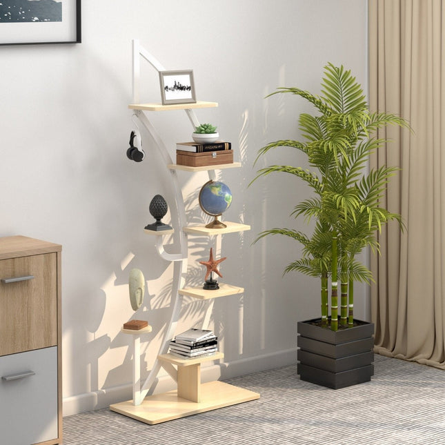 Support à plantes en métal à 6 niveaux en forme de demi-lune avec 2 petites étagères et crochets blanc