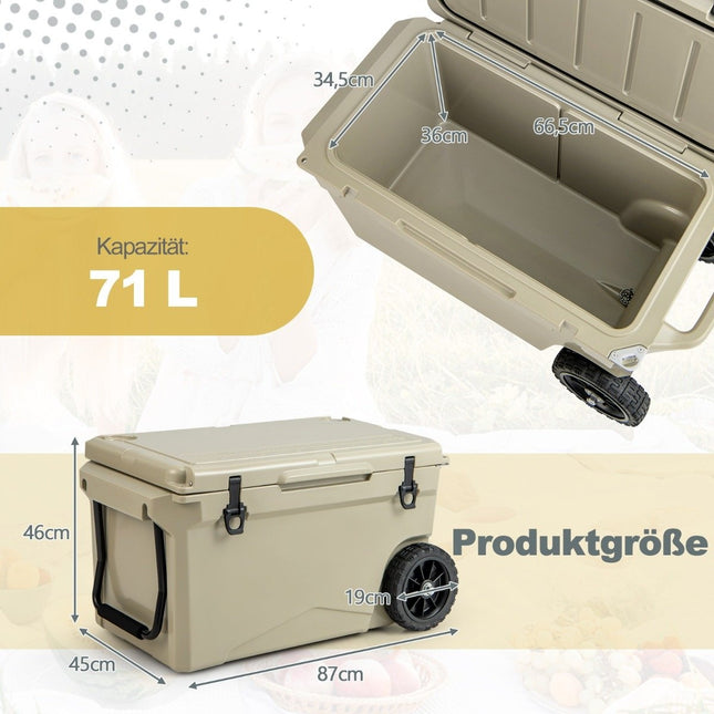 71L Isolierbox mit Flaschenöffner &amp; Griff &amp; Rollen Tragbare Kühlbox Wärmebehälter Khaki