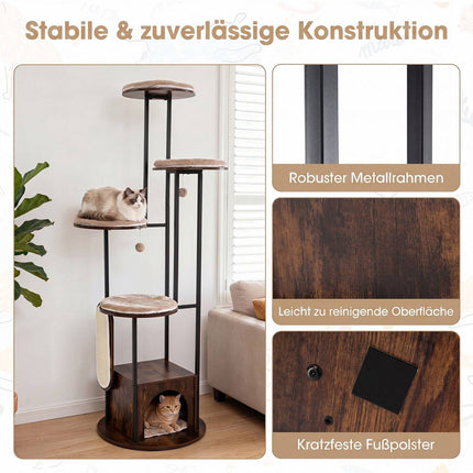 72-Zoll-Katzenhaus mit mehreren Ebenen und oberem Aussichtsplatz, rustikales Braun