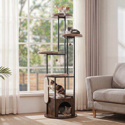 72-Zoll-Katzenhaus mit mehreren Ebenen und oberem Aussichtsplatz, rustikales Braun