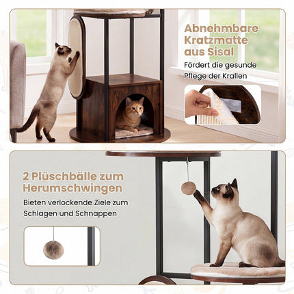 72-Zoll-Katzenhaus mit mehreren Ebenen und oberem Aussichtsplatz, rustikales Braun