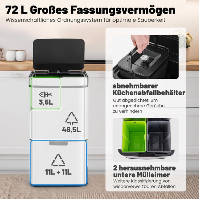 Poubelle sans contact de 72 L en acier inoxydable avec capteur