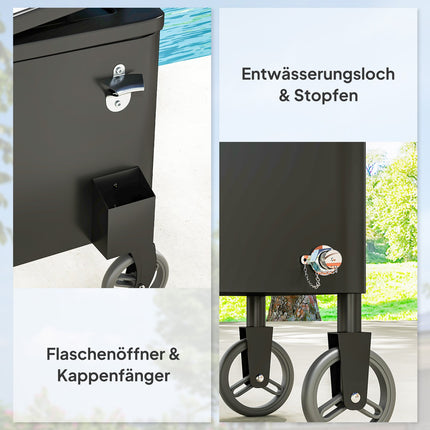 Chariot de service pour réfrigérateur de 76 L avec roulettes, ouvre-bouteille, poignées de couvercle, glacière mobile, chariot latéral, bar, conteneur frais, chariot à boissons pour extérieur, terrasse, fête, blanc
