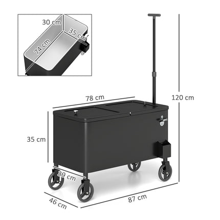 Chariot de service pour réfrigérateur de 76 L avec roulettes, ouvre-bouteille, poignées de couvercle, glacière mobile, chariot latéral, bar, conteneur frais, chariot à boissons pour extérieur, terrasse, fête, blanc